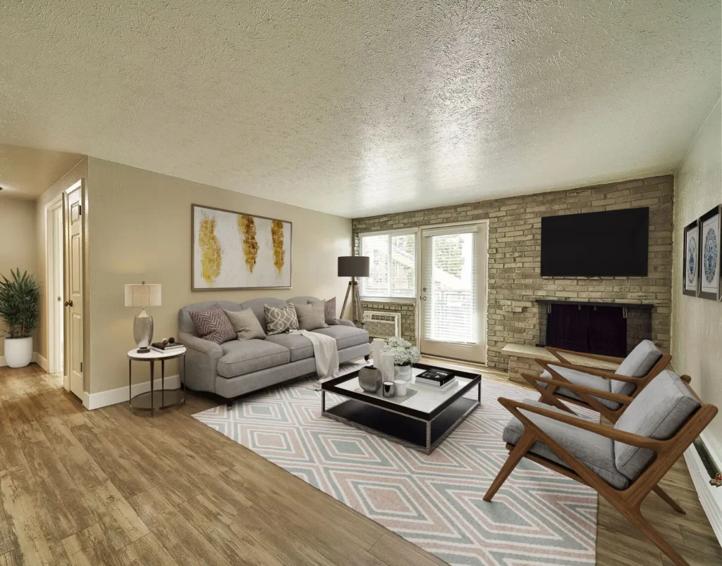 Modern living room at Cambridge Place apartments in Denver, Colorado for rent