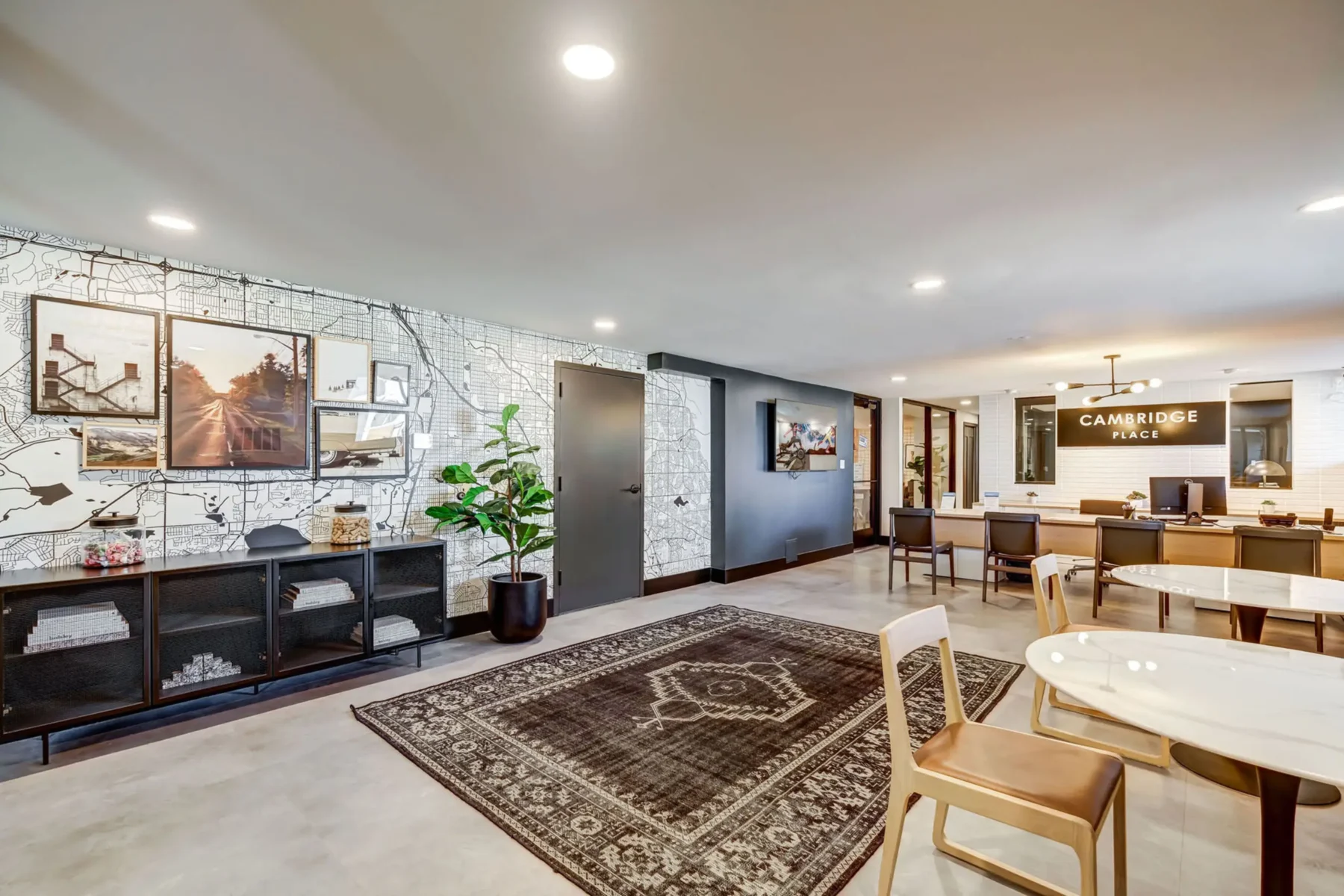 Clubhouse with table seating and reception desk