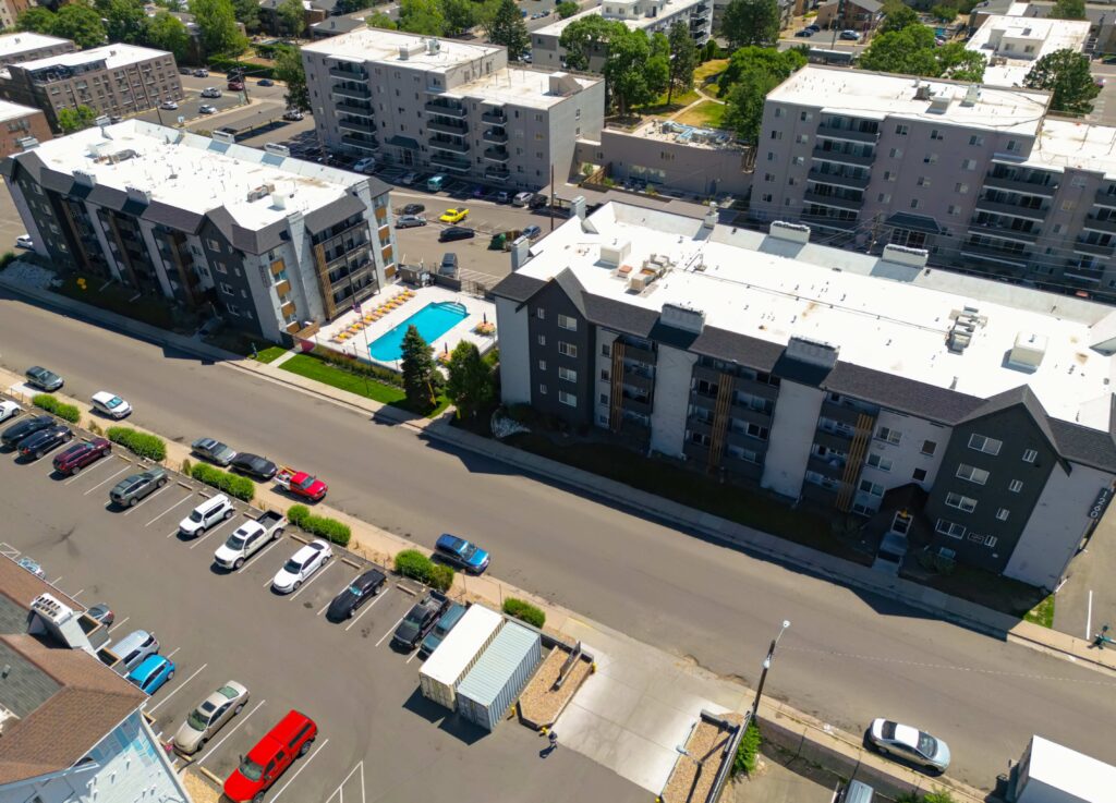 Aerial view of Cambridge Place North Denver apartments